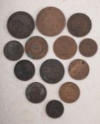 A group of copper coinage, including 1769 Fourth Riksdaler, 1852 Quebec bank token, etc.