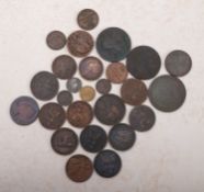 A group of copper English coins, Charles II onwards, including farthings and 1827 half farthings.