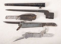 Three Royal Navy jackknives, various makers and a No.4 MkII spike bayonet.