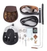 A group of Scottish dress items, comprising a brown leather sporran ma black leather sporran,