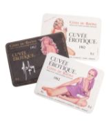 Three unused Cuvee Erotique 1982 wine labels. Showing images of nude females in various positions.