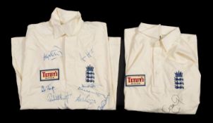An AMS England Cricket shirt signed with 'Tetley Bitter' sponsor signed by Mike Gatting and another