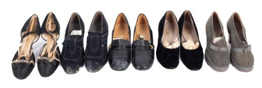 Five pairs of mid 20th century lady's shoes including two pairs of black suede shoes by The London