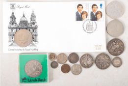 A collection of various coins including 1890 crown, 1887 double Florin, 1890 half crown etc.