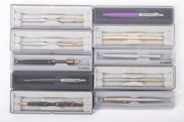 A collection of ten Parker ballpoint pens. Mainly silver and gold coloured examples, all boxed.