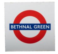A London Underground enamel sign for Bethnal Green station.