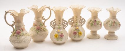 Three pairs of Belleek porcelain vases.