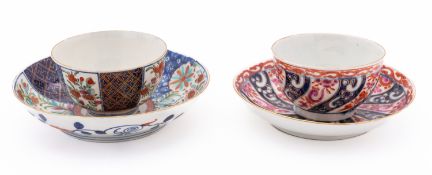Two First Period Worcester teabowls and saucers the first painted in the 'Queen Charlotte' pattern,