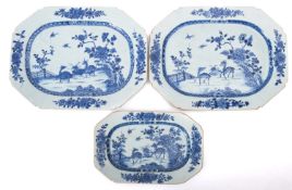Three Chinese porcelain meat plates of octagonal form painted in blue with two deer and song birds