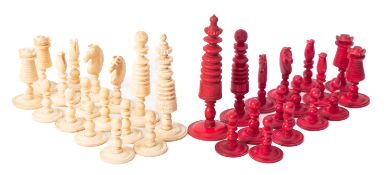 A turned and partially stained bone Barleycorn pattern chess set,