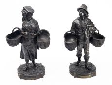 A pair of Continental patinated spelter models of Dutch flower sellers,