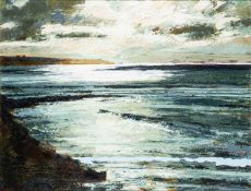*Neil Davies (British, Contemporary) - Sharp Light over Land's End - Oil on board - 57.