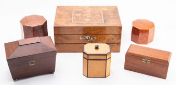Four various modern tea caddies; comprising two octagonal thuya wood examples,