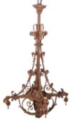 A Continental wrought iron four light electrolier, late 19th century;