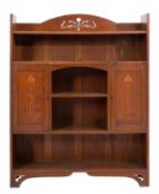 An oak and marquetry bookcase cabinet in Arts & Crafts style,