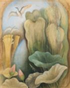 *Phyllis Mary 'Billie' Waters (British, 1896-1979) - Exotic garden with birds in flight - Charcoal,