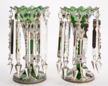 A pair of Bohemian green and white overlay glass table lustres,