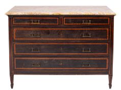 A French ebonised and crossbanded wood and marble topped commode, in Directoire taste,