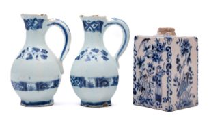 A pair of 18th century Dutch blue and white delftware cruet oil bottles and a small 19th century