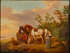 British School, 19th Century - Travellers resting; a young family,