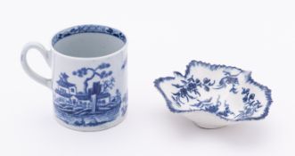 A First Period Worcester blue and white coffee can and a leaf-shaped pickle dish the can with