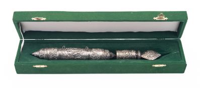 A white metal scroll holder and seal with repousse decoration, in a fitted case.