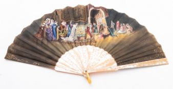 A painted silk and mother-of-pearl mounted folding fan, English or French, 19th century