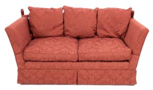 A pair of brick red damask upholstered Knole sofas,