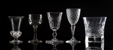 An opaque twist wine glass, together with a collection of glassware including a rummer etc.