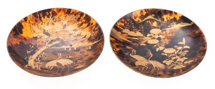 A pair of Japanese tortoiseshell and gold lacquer footed bowls,