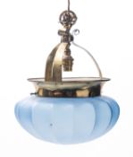 A blue tinted glass and brass mounted electrolier,