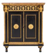 An ebonised and parcel giltwood and composition side cabinet in Louis XVI taste,