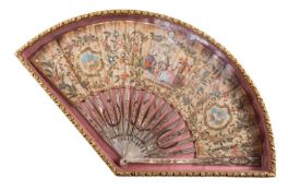 A painted, embroidered and mother-of-pearl mounted fan,