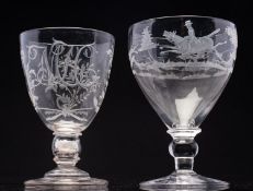 Two glass rummers, one engraved with an encircling fox hunting scene, 15.