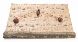 A Middle Eastern silk and metal thread panel depicting equestrian warriors and other figures.