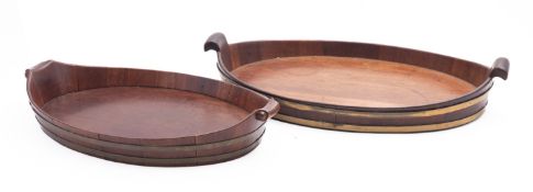 Two George III brass banded mahogany oval trays, late 18th century; each of coopered construction,