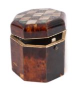 A George III tortoiseshell, abalone and ivory banded tea caddy, circa 1800; of octagonal section,