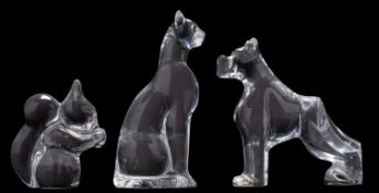 Five Baccarat crystal animals, comprising two elephant groups, a dog, cat and squirrel,
