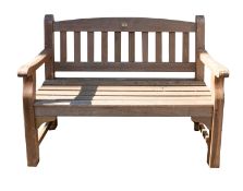 A teak garden bench, late 20th century; with slatted back and seat, on straight legs; 90cm high,