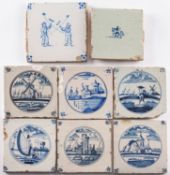 A group of eight delft tiles, painted in blue with primarily landscape decoration.