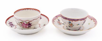 Two First Period Worcester teabowls and saucers decorated in Chinese Export style with flower