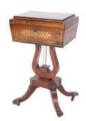 A Regency rosewood and brass inlaid teapoy later refitted as a sewing casket,