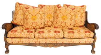 A beech, canework and upholstered bergere suite,