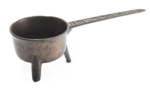 A George III bronze skillet, later 18th century; the circular pan on three straight legs,