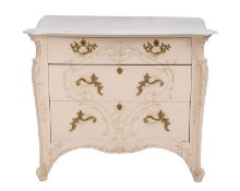 A cream painted wood and marble topped commode in Louis XV taste,