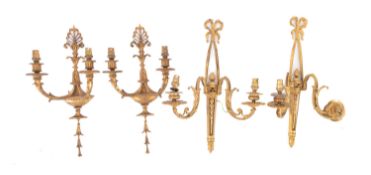 Two pairs of gilt metal twin light wall appliques,