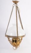 A Victorian brass and milk glass hanging oil lamp,