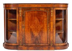 A Victorian walnut, inlaid and gilt metal mounted credenza, of D-shaped breakfront outline,
