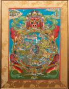 A Tibetan thangka of the Bhavacakra, wheel of life, brightly painted in gouache on cotton,