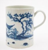 A First Period Worcester blue and white mug of cylindrical form with grooved loop handle,